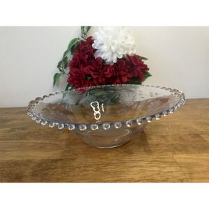 Vintage Etched Floral Beaded Rim Serving Bowl Elegant Clear Glass Centerpiece‎
